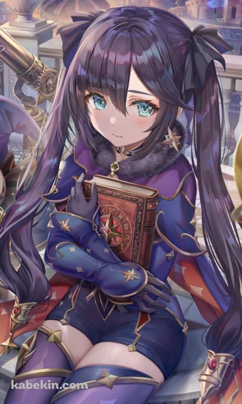 本を抱えてこちらを見るモナ / 望遠鏡 / プラネタリウム / 流れ星 / 原神のAndroidの壁紙(480px x 800px) スマホ用