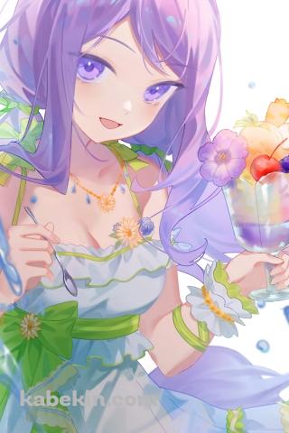 フルーツ・のトロピカルなパフェを持ち笑顔のメジロマックイーン / さざ波フェアレディ / かわいい / ウマ娘プリティーダービーのAndroidの壁紙(320px x 480px) スマホ用