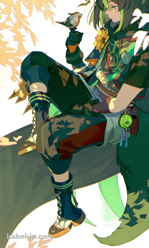 木の上に座り手にとまった鳥をみつめるティナリ / 原神のAndroidの壁紙(480px x 800px) スマホ用
