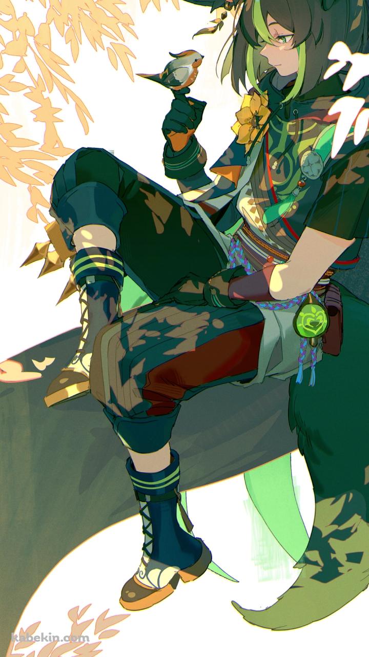 木の上に座り手にとまった鳥をみつめるティナリ / 原神のAndroidの壁紙(720px x 1280px) スマホ用