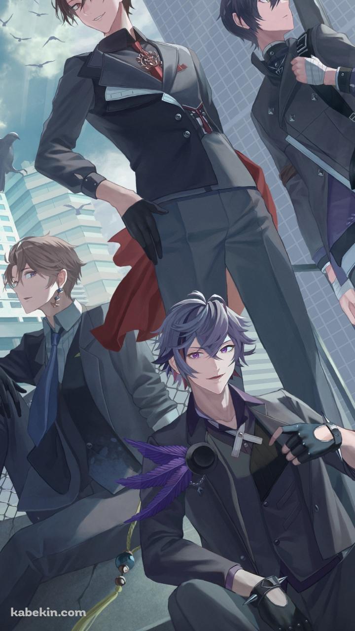 スーツ姿のかっこいい不破湊 / 剣持刀也 / 加賀美ハヤト / 甲斐田晴 / カラス / 都会のビル群 / にじさんじ / バーチャルYouTuber / Vtuber / イラスト / ファンアートのAndroidの壁紙(720px x 1280px) スマホ用