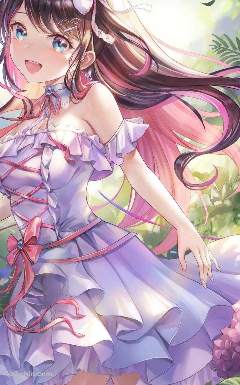 紫のアジサイに囲まれた笑顔の花芽なずな / ぶいすぽっ！ / バーチャルYouTuber / Vtuber / イラスト / ファンアートのAndroidの壁紙(800px x 1280px) スマホ用
