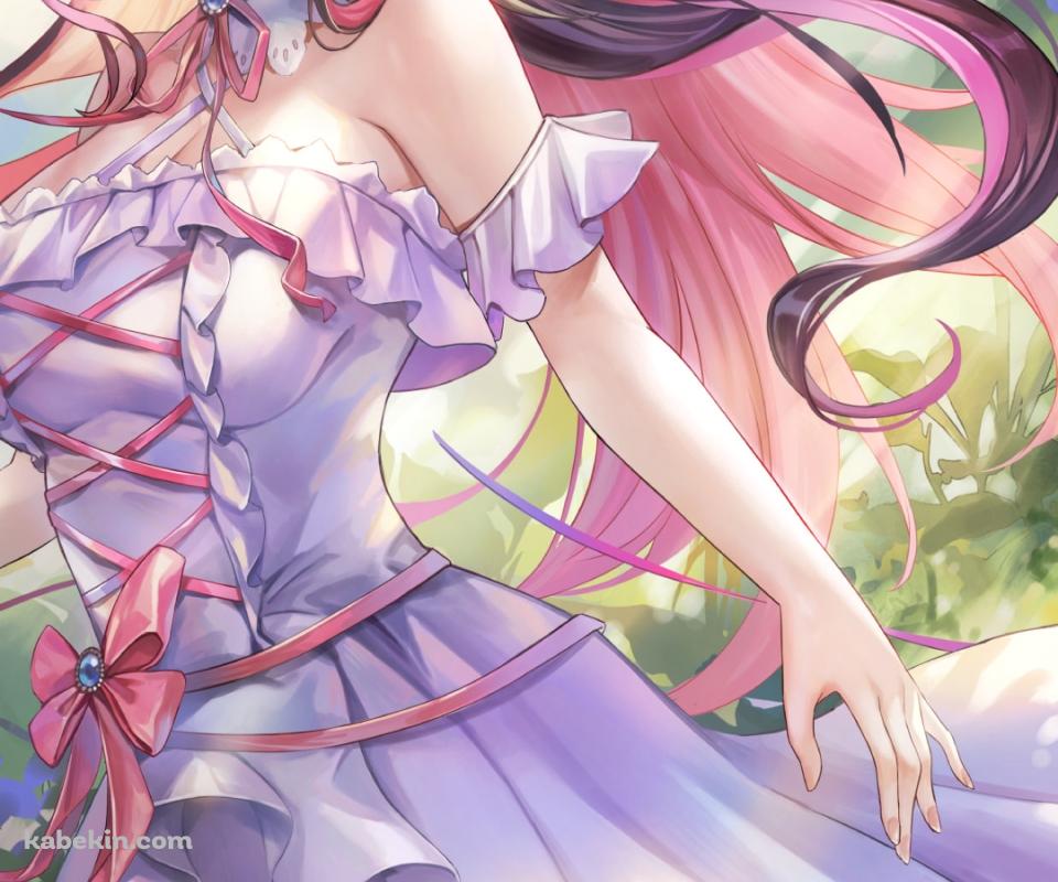 紫のアジサイに囲まれた笑顔の花芽なずな / ぶいすぽっ！ / バーチャルYouTuber / Vtuber / イラスト / ファンアートのAndroidの壁紙(960px x 800px) スマホ用