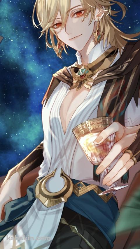 建物にもたれてグラスを持つカーヴェ / 原神 / イラスト / ファンアートのAndroidの壁紙(480px x 854px) スマホ用