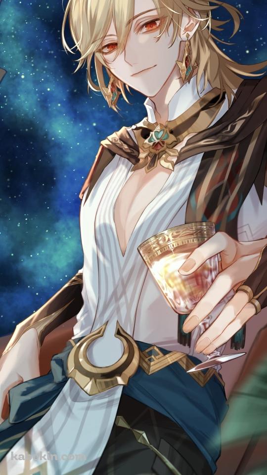 建物にもたれてグラスを持つカーヴェ / 原神 / イラスト / ファンアートのAndroidの壁紙(540px x 960px) スマホ用