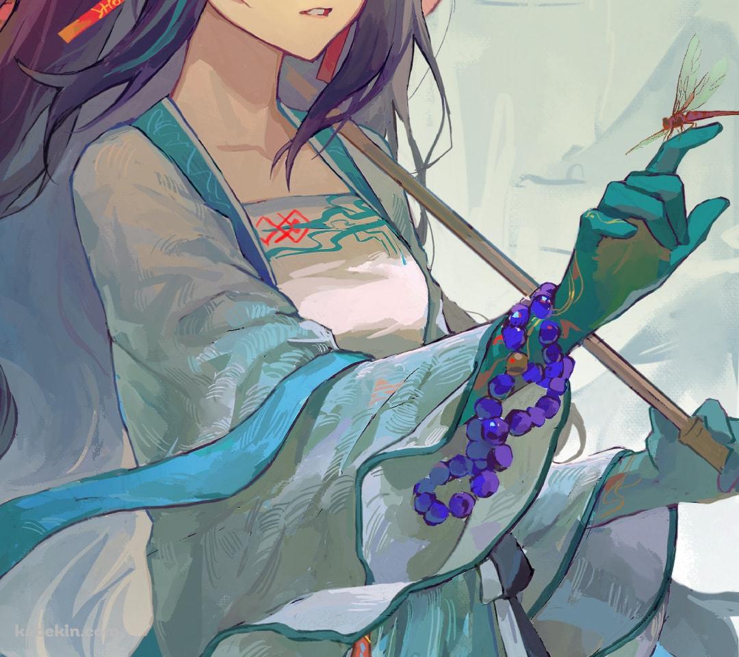 手にとまったトンボを見つめるシー / 赤い和傘 / 綺麗 / アークナイツ / イラスト / ファンアートのAndroidの壁紙(1080px x 960px) スマホ用