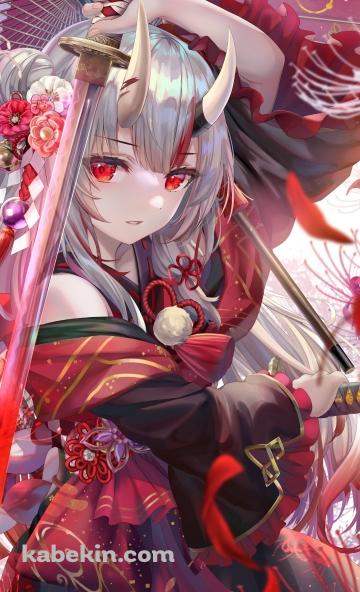 2刀流のかっこいい百鬼あやめ（なきり あやめ） / 赤 / 和傘 / 彼岸花 / ホロライブ / バーチャルYouTuberのAndroidの壁紙(360px x 592px) スマホ用