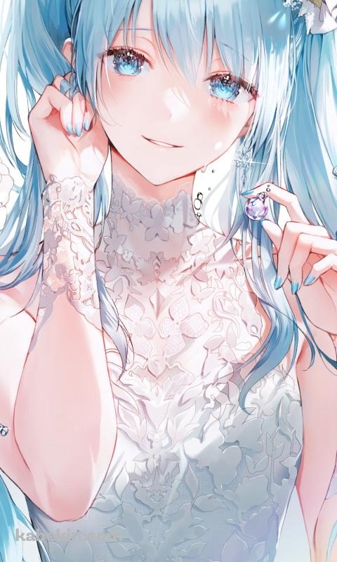 白いドレスを着た綺麗な初音ミク / ボカロ / ボーカロイド / イラスト / ファンアートのAndroidの壁紙(480px x 800px) スマホ用