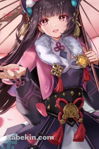 ピンクの花びらに手をかざすかわいい雲菫 / 原神 / イラスト / ファンアートのAndroidの壁紙(320px x 480px) スマホ用