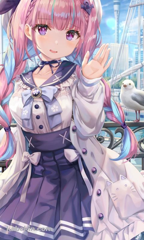 波止場でこちらに手を振る湊あくあ / 可愛い / 手摺にとまるカモメ / 帆船 / スカイツリー / ホロライブ / バーチャルYouTuber / VtuberのAndroidの壁紙(480px x 800px) スマホ用