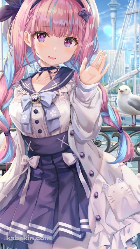 波止場でこちらに手を振る湊あくあ / 可愛い / 手摺にとまるカモメ / 帆船 / スカイツリー / ホロライブ / バーチャルYouTuber / VtuberのAndroidの壁紙(480px x 854px) スマホ用