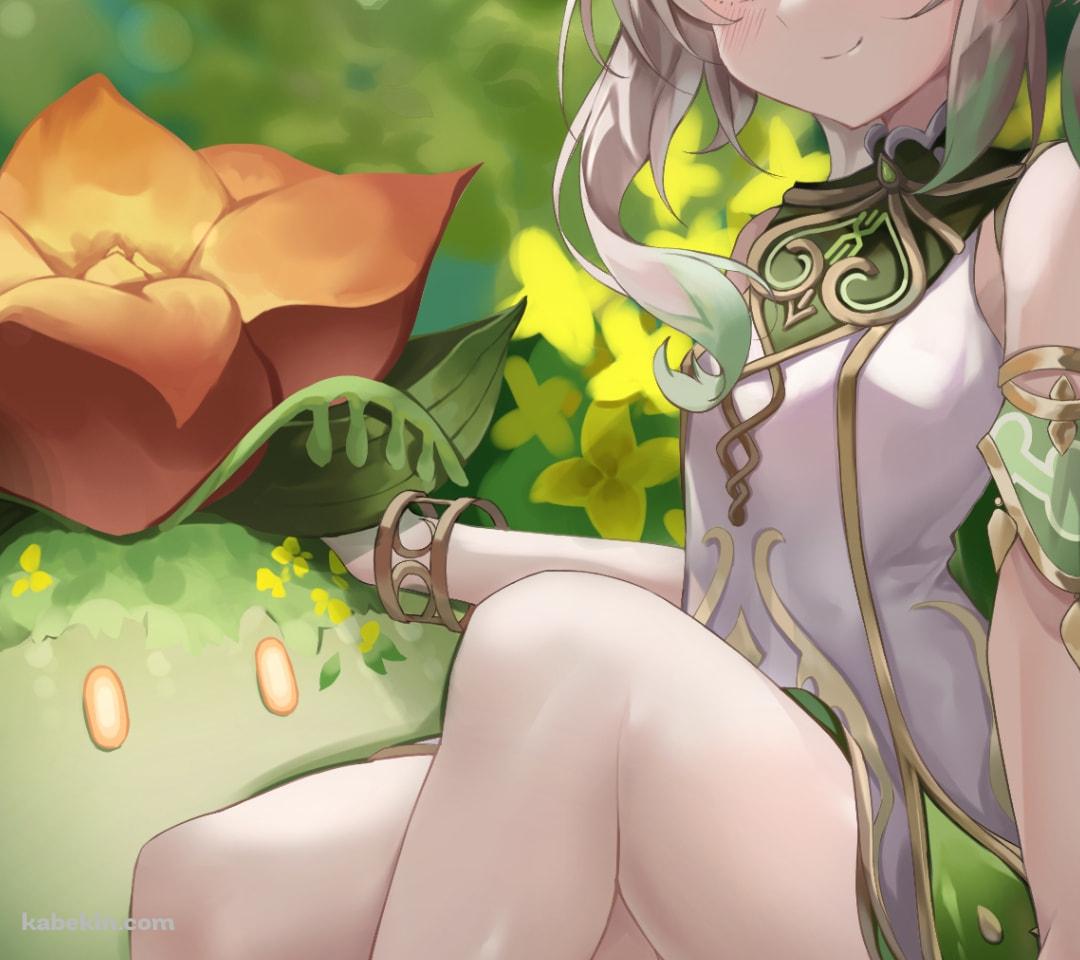 片足を水に浸しこちらを見つめるナヒーダ / スライム / 赤い花 / 原神のAndroidの壁紙(1080px x 960px) スマホ用