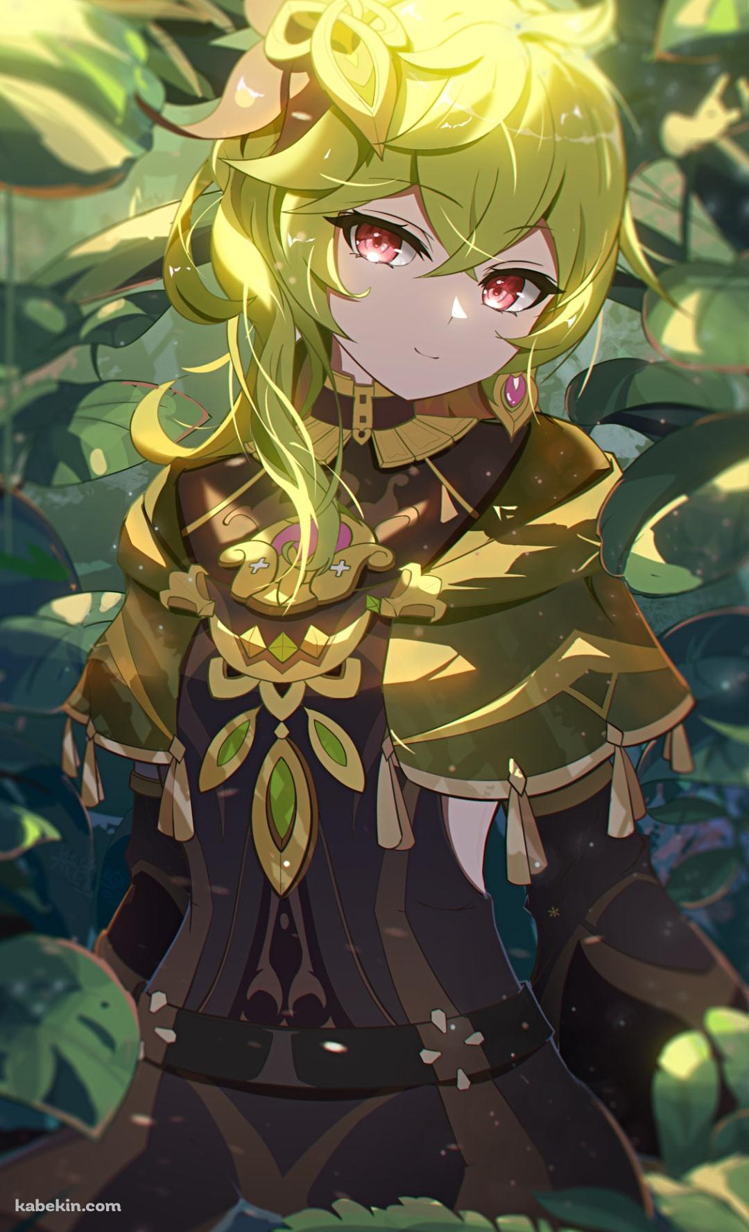 緑の葉っぱに囲まれてこちらを見つめるコレイ / 原神 / 赤い瞳のAndroidの壁紙(1080px x 1776px) スマホ用