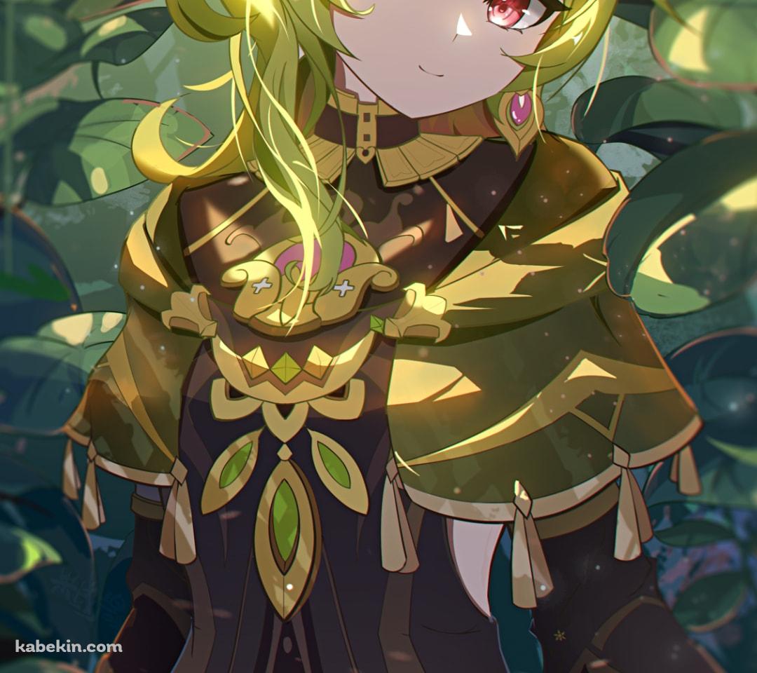 緑の葉っぱに囲まれてこちらを見つめるコレイ / 原神 / 赤い瞳のAndroidの壁紙(1080px x 960px) スマホ用