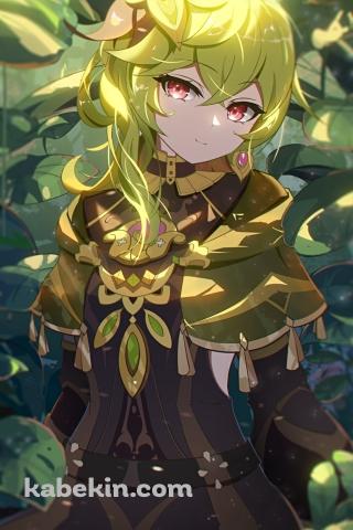 緑の葉っぱに囲まれてこちらを見つめるコレイ / 原神 / 赤い瞳のAndroidの壁紙(320px x 480px) スマホ用