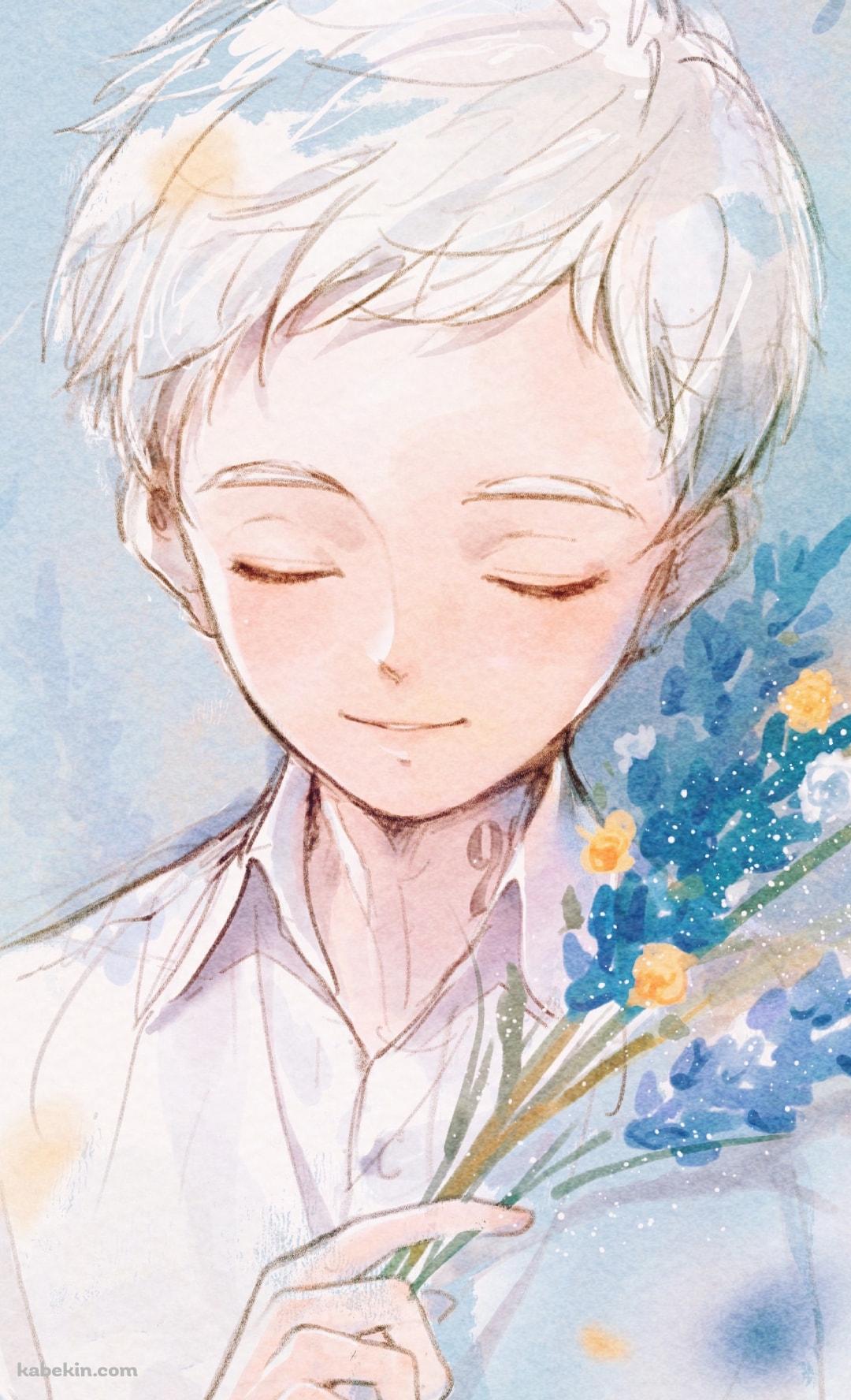 目をつぶり青い花を持つノーマン / 約束のネバーランドのAndroidの壁紙(1080px x 1776px) スマホ用