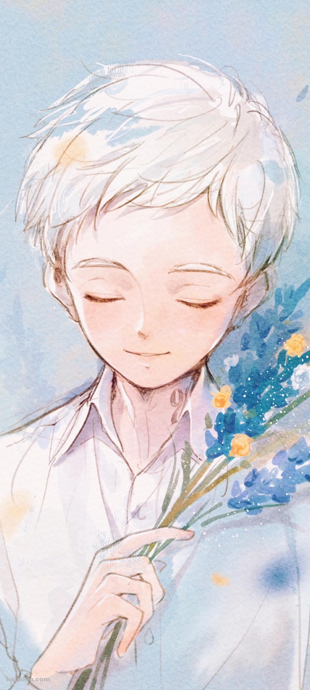 目をつぶり青い花を持つノーマン / 約束のネバーランドのAndroidの壁紙(1080px x 2400px) スマホ用