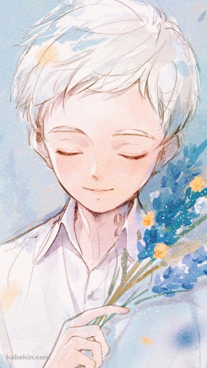 目をつぶり青い花を持つノーマン / 約束のネバーランドのAndroidの壁紙(720px x 1280px) スマホ用