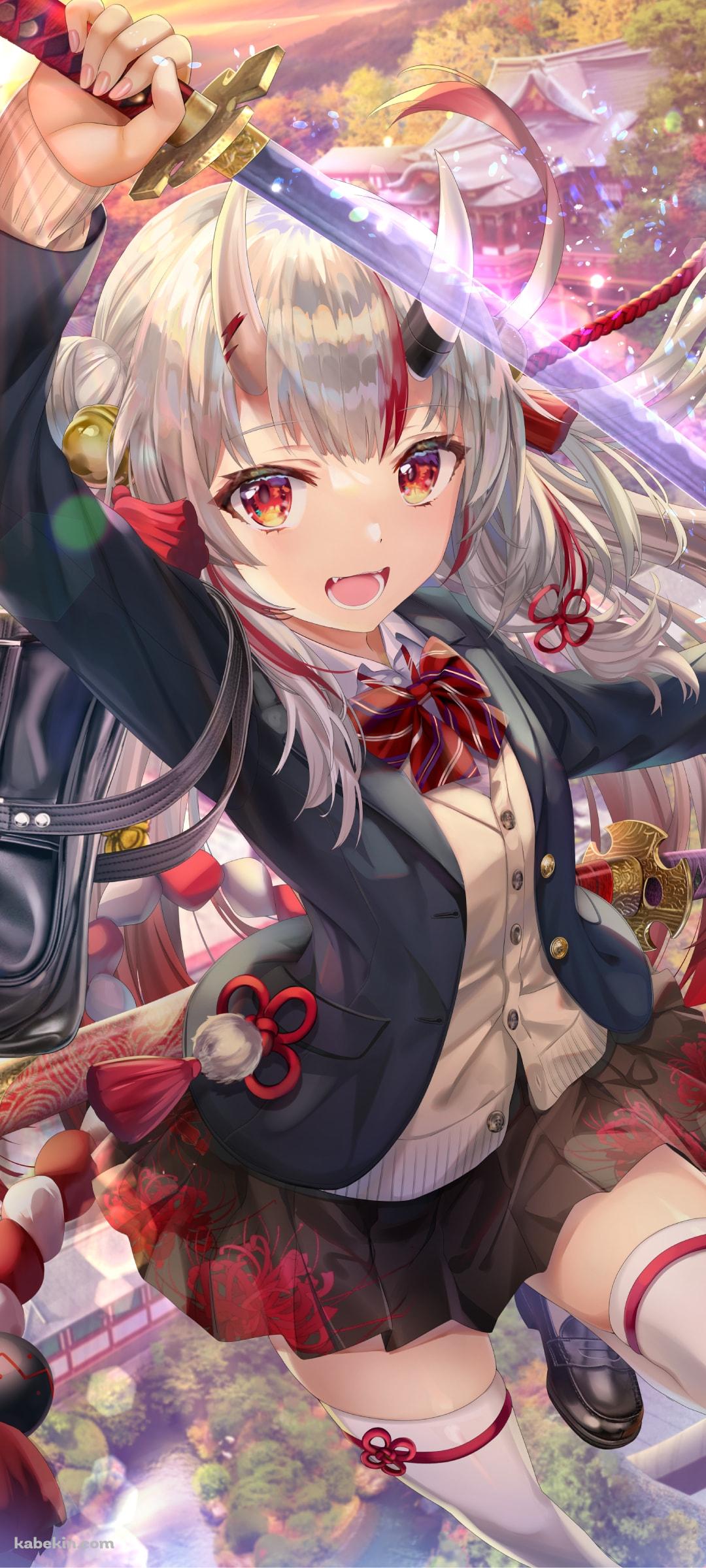 制服姿で抜刀する可愛い百鬼あやめ / 女子高生 / セーラー服 / 五重の塔 / ホロライブ / バーチャルYouTuber / VtuberのAndroidの壁紙(1080px x 2400px) スマホ用