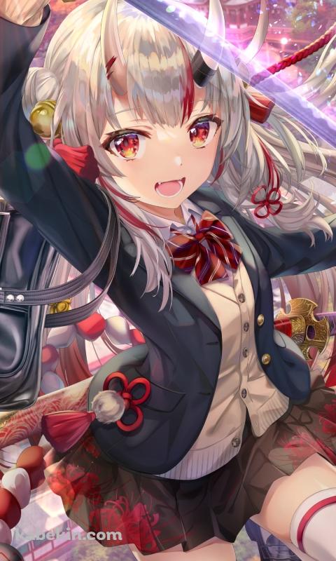 制服姿で抜刀する可愛い百鬼あやめ / 女子高生 / セーラー服 / 五重の塔 / ホロライブ / バーチャルYouTuber / VtuberのAndroidの壁紙(480px x 800px) スマホ用
