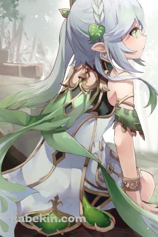 木に座り遠くを見つめるナヒーダ / 後ろ姿 / 原神のAndroidの壁紙(320px x 480px) スマホ用