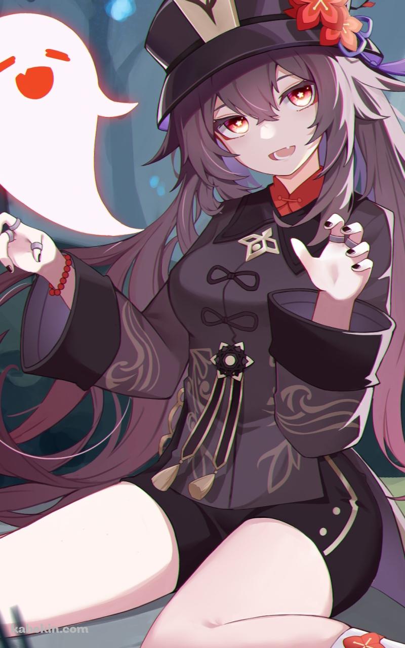 地べたに座り笑顔でポーズをとる胡桃とお化け / 原神のAndroidの壁紙(800px x 1280px) スマホ用
