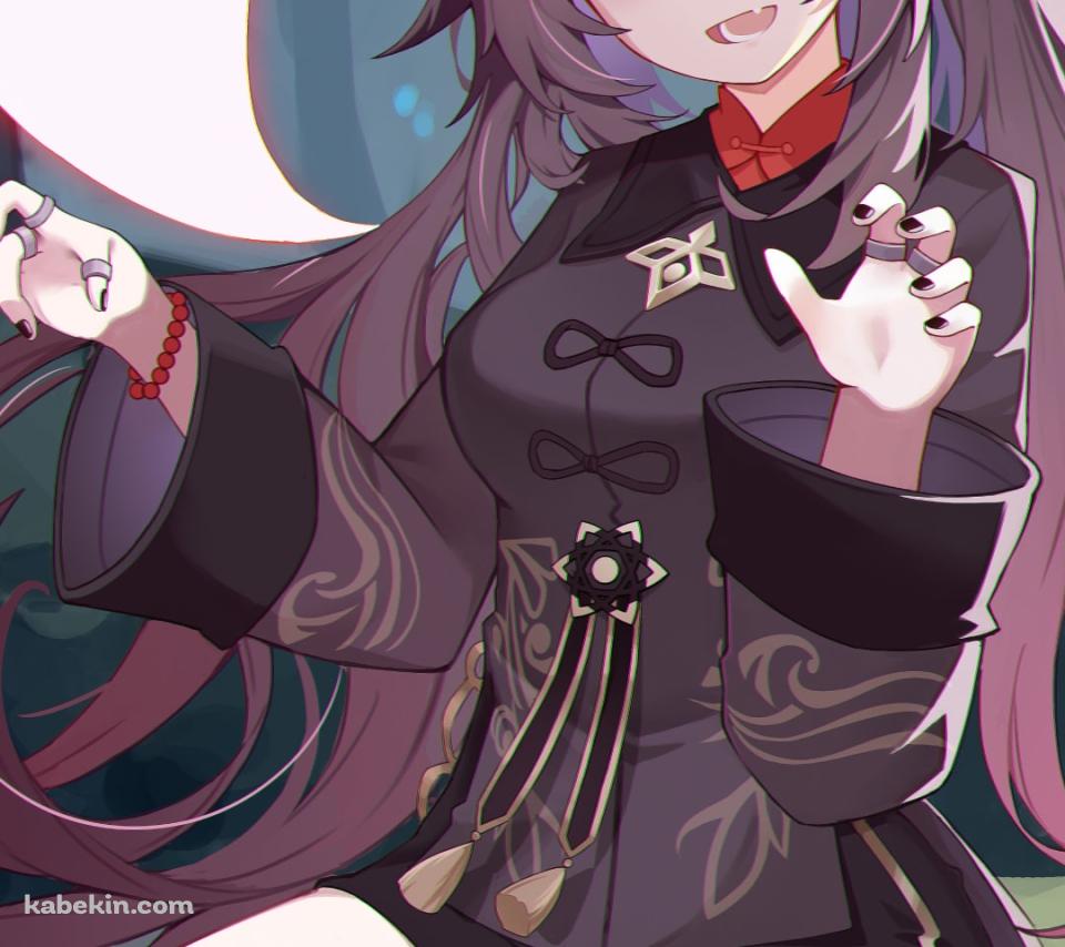 地べたに座り笑顔でポーズをとる胡桃とお化け / 原神のAndroidの壁紙(960px x 854px) スマホ用