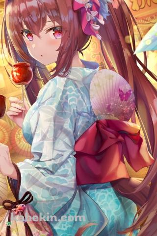 緑の浴衣を着てりんご飴を食べるダイワスカーレット / 可愛い / 祭 / 屋台 / ウマ娘のAndroidの壁紙(320px x 480px) スマホ用