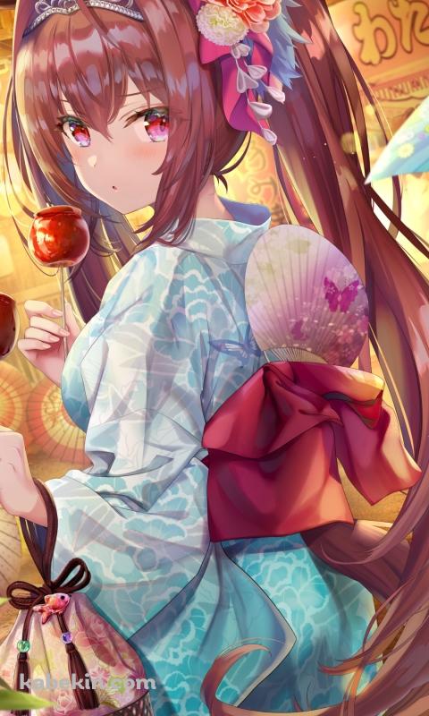 緑の浴衣を着てりんご飴を食べるダイワスカーレット / 可愛い / 祭 / 屋台 / ウマ娘のAndroidの壁紙(480px x 800px) スマホ用