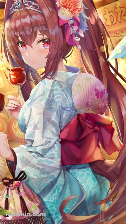 緑の浴衣を着てりんご飴を食べるダイワスカーレット / 可愛い / 祭 / 屋台 / ウマ娘のAndroidの壁紙(480px x 854px) スマホ用