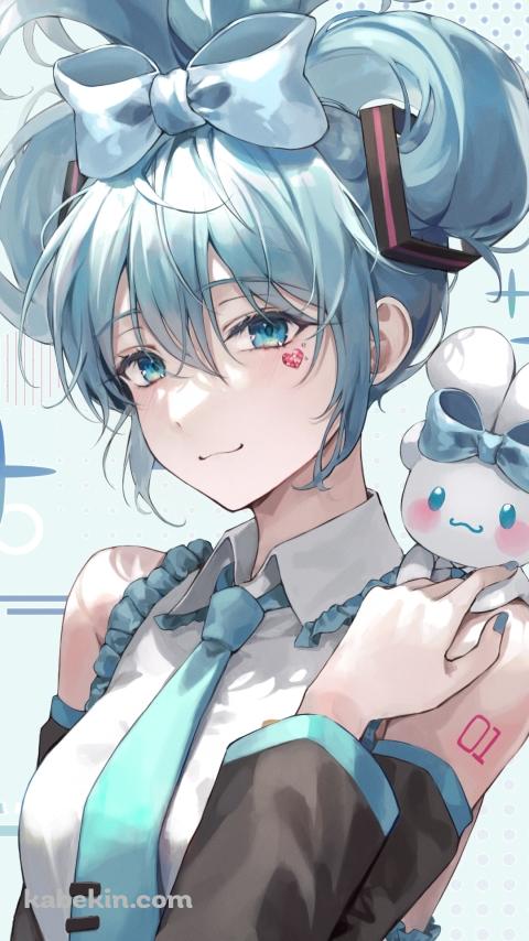 肩に乗せたシナモロールを触り微笑むシナミク / 初音ミク / ボカロ / ボーカロイドのAndroidの壁紙(480px x 854px) スマホ用