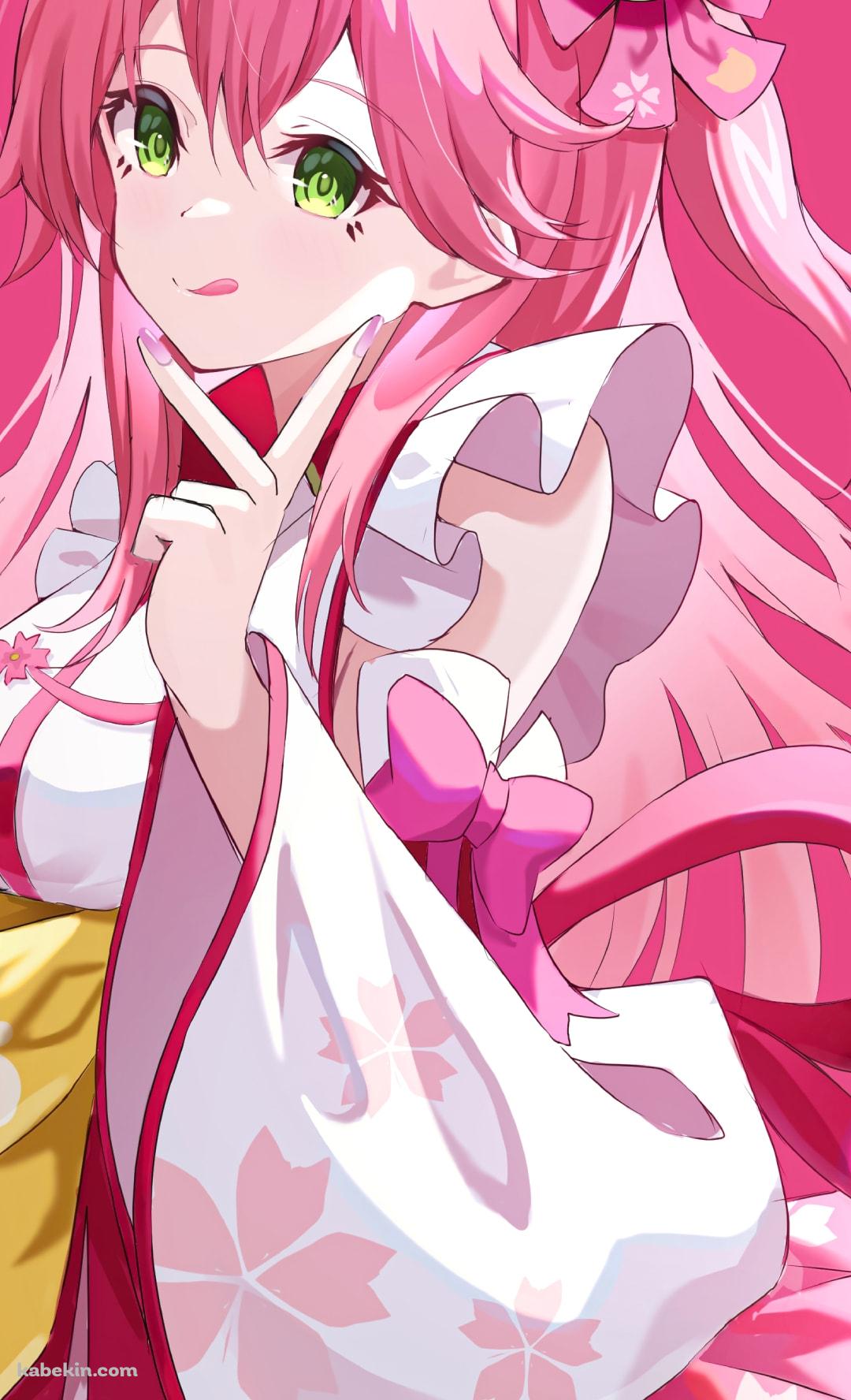 舌を出してピースをするかわいいさくらみこ / ホロライブ / バーチャルYouTuberのAndroidの壁紙(1080px x 1776px) スマホ用