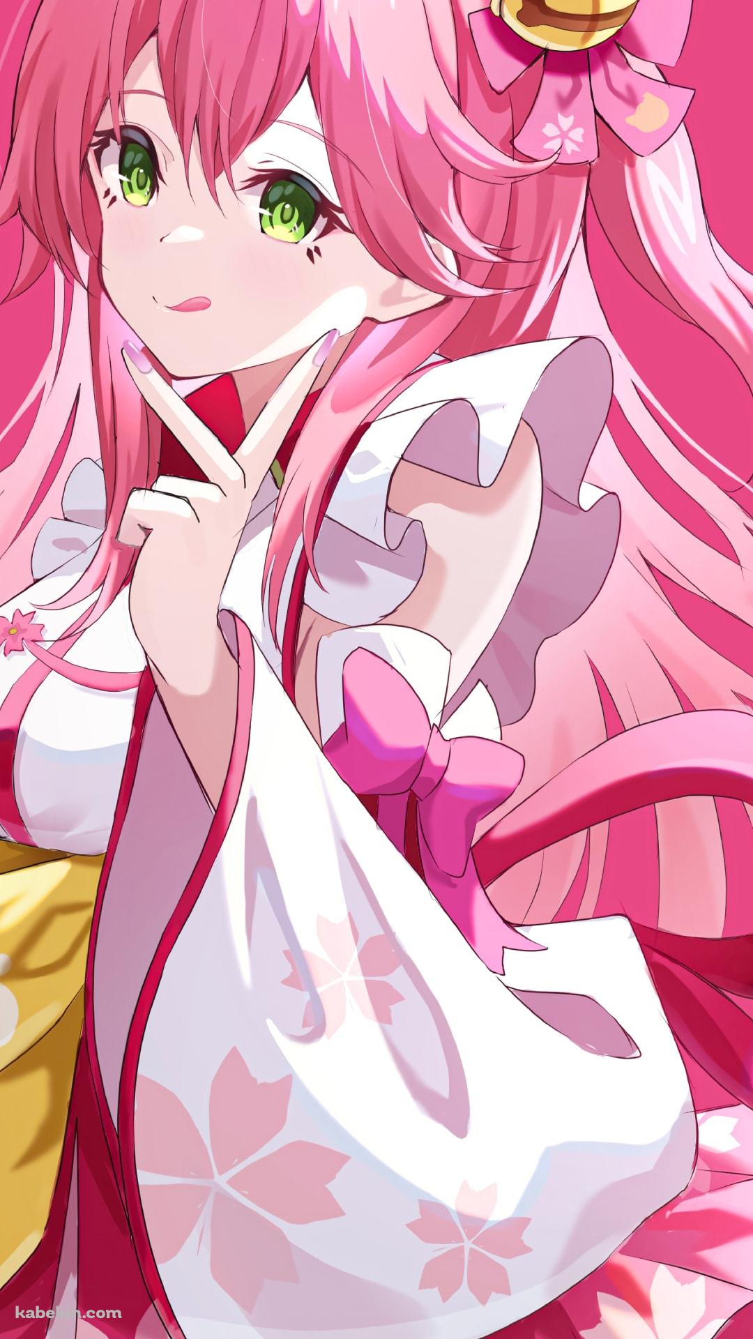 舌を出してピースをするかわいいさくらみこ / ホロライブ / バーチャルYouTuberのAndroidの壁紙(1080px x 1920px) スマホ用