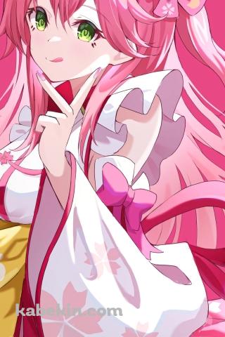 舌を出してピースをするかわいいさくらみこ / ホロライブ / バーチャルYouTuberのAndroidの壁紙(320px x 480px) スマホ用