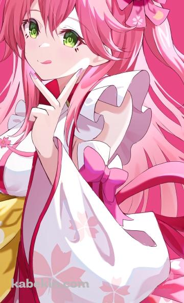 舌を出してピースをするかわいいさくらみこ / ホロライブ / バーチャルYouTuberのAndroidの壁紙(360px x 592px) スマホ用