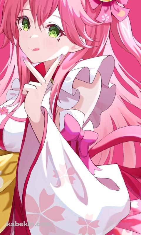 舌を出してピースをするかわいいさくらみこ / ホロライブ / バーチャルYouTuberのAndroidの壁紙(480px x 800px) スマホ用