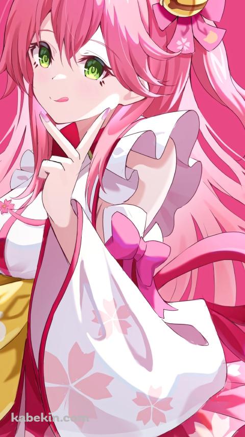 舌を出してピースをするかわいいさくらみこ / ホロライブ / バーチャルYouTuberのAndroidの壁紙(480px x 854px) スマホ用