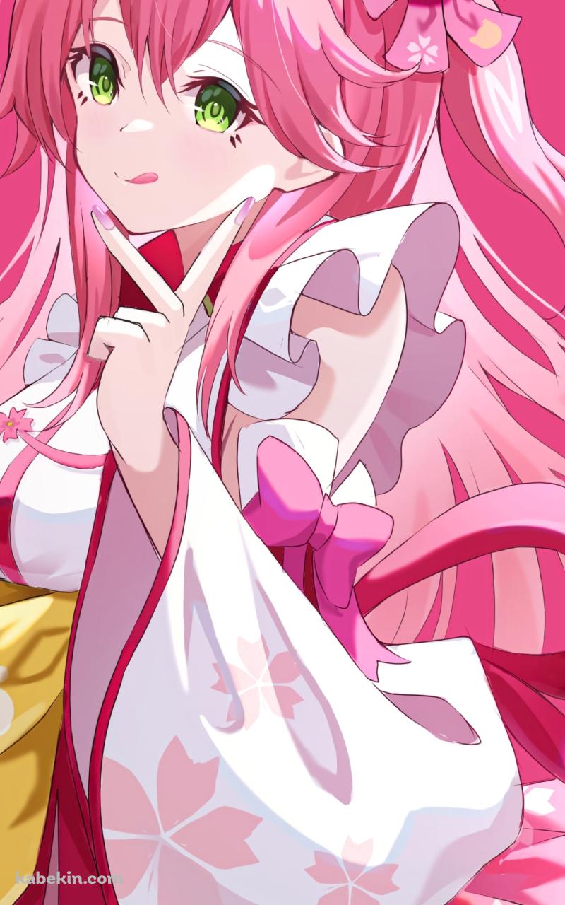 舌を出してピースをするかわいいさくらみこ / ホロライブ / バーチャルYouTuberのAndroidの壁紙(800px x 1280px) スマホ用