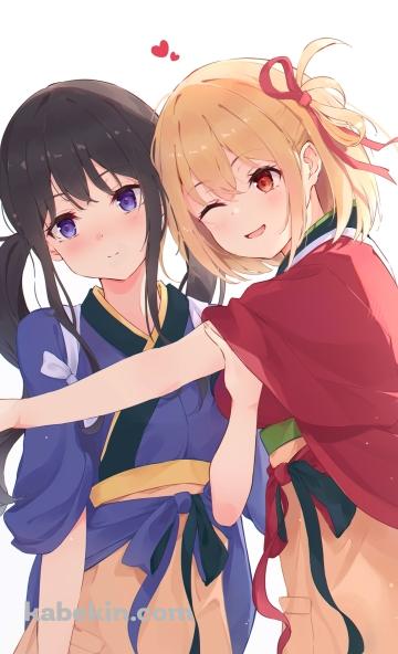 ラブラブの錦木千束と井ノ上たきな / ハート / 可愛い / リコリス・リコイルのAndroidの壁紙(360px x 592px) スマホ用
