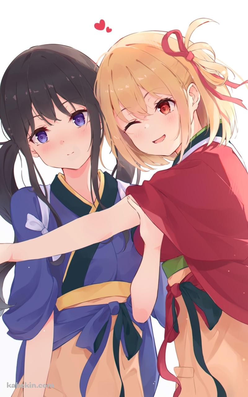 ラブラブの錦木千束と井ノ上たきな / ハート / 可愛い / リコリス・リコイルのAndroidの壁紙(800px x 1280px) スマホ用
