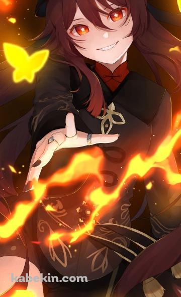 炎を纏う胡桃 / オレンジの蝶 / 原神のAndroidの壁紙(360px x 592px) スマホ用