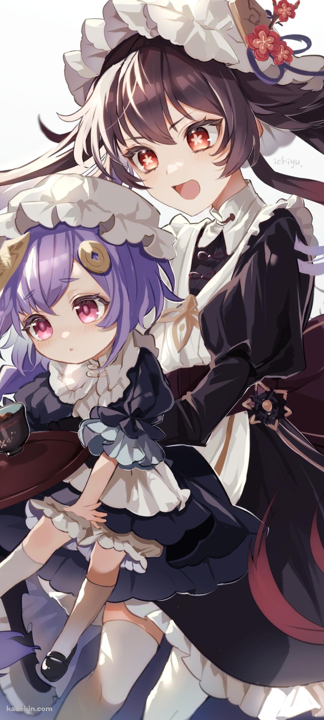 七七を抱っこしてお茶を運ぶ胡桃 / 原神のAndroidの壁紙(1080px x 2400px) スマホ用