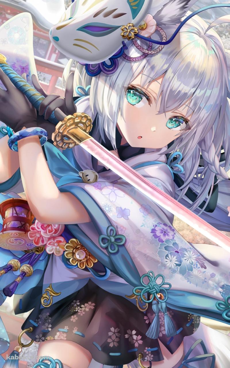 ピンクの刀を構える白上フブキ / 狐のお面 / ピンクの桜 / ホロライブ / バーチャルYouTuber / VtuberのAndroidの壁紙(800px x 1280px) スマホ用