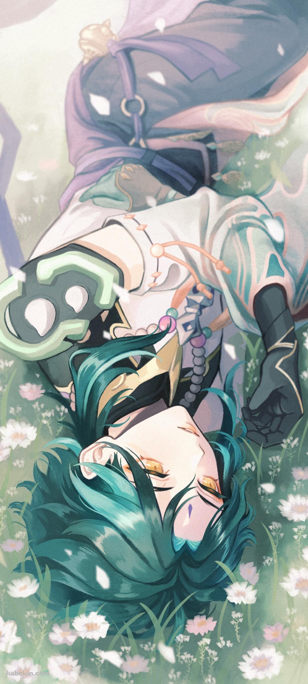 白い花畑で寝転ぶ魈 / 原神のAndroidの壁紙(1080px x 2400px) スマホ用