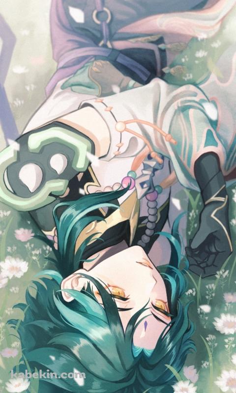 白い花畑で寝転ぶ魈 / 原神のAndroidの壁紙(480px x 800px) スマホ用