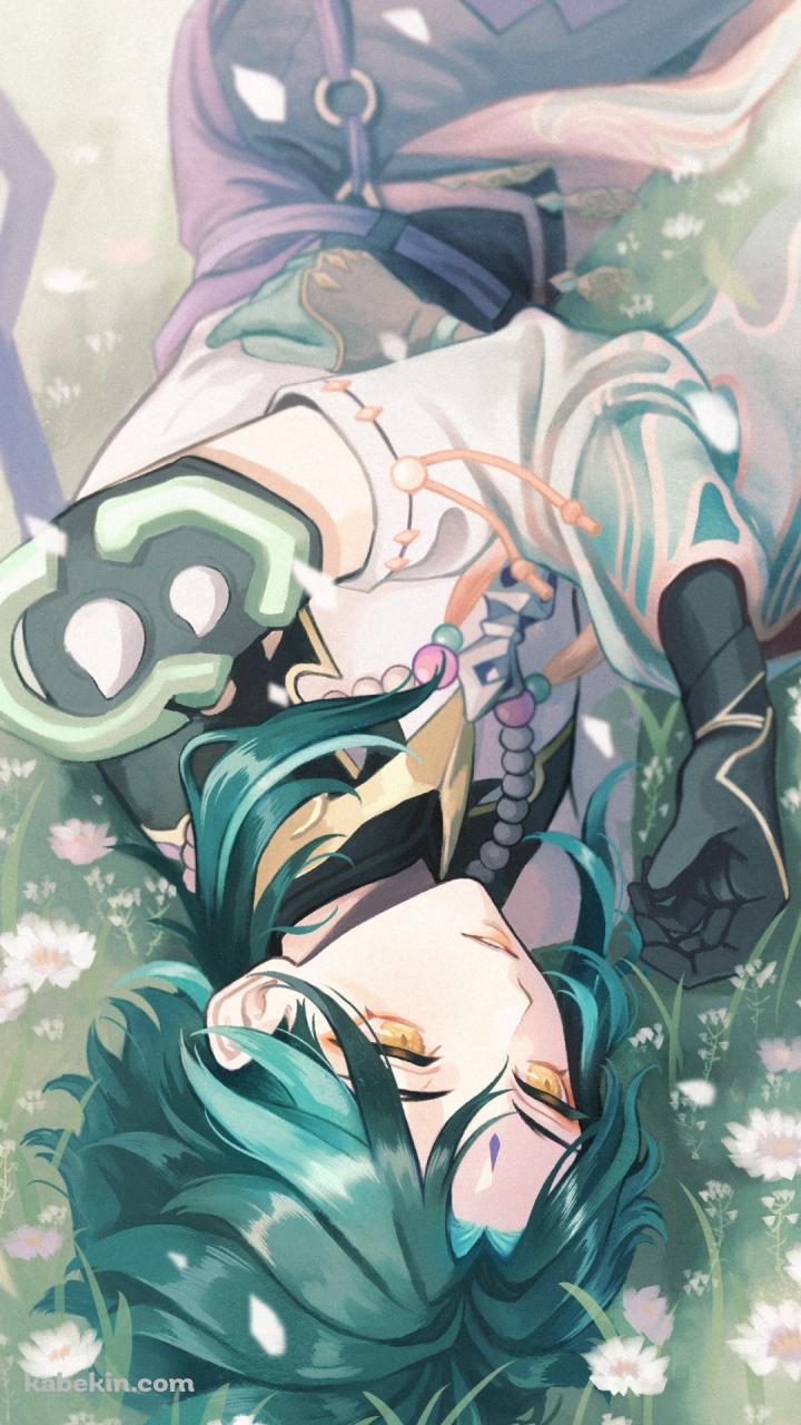 白い花畑で寝転ぶ魈 / 原神のAndroidの壁紙(720px x 1280px) スマホ用