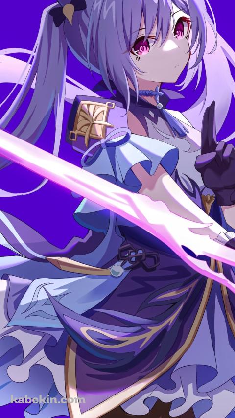 ニンニンポーズをしながらピンクの剣を構える刻晴 / 原神のAndroidの壁紙(480px x 854px) スマホ用