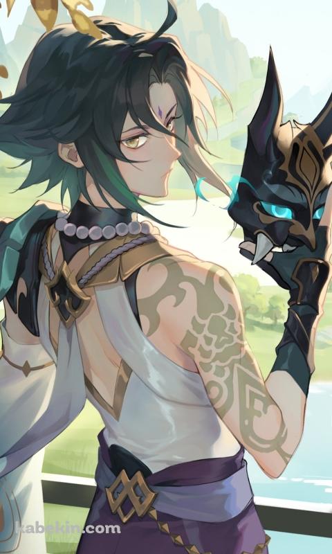 黒いお面を持ちこちらに振り返る魈 / 原神のAndroidの壁紙(480px x 800px) スマホ用