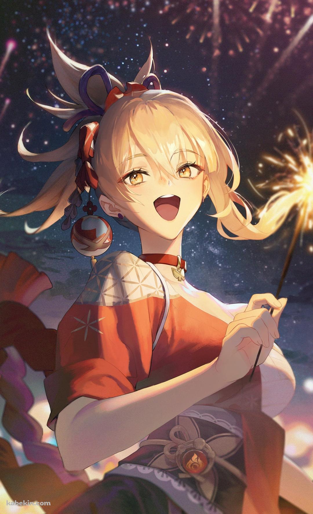 笑いながら線香花火をする宵宮 / 打ち上げ花火 / 原神のAndroidの壁紙(1080px x 1776px) スマホ用