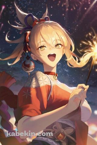 笑いながら線香花火をする宵宮 / 打ち上げ花火 / 原神のAndroidの壁紙(320px x 480px) スマホ用